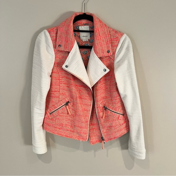 Anthropologie Elevenses Tweed Pink & Off White Zipper Front Moto Jacket | 6 - Picture 4 of 12